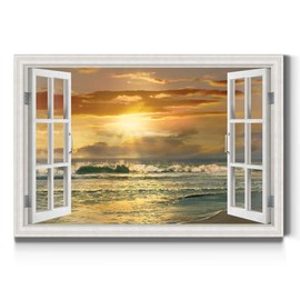 Renditions Gallery Canvas Nature Wall Art Paintings & Prints Artwork Glowing Malibu Beach Waves Modern Romantic Window View Wall Hanging Decorations for Bedroom Office Kitchen - 18"x27" LT21