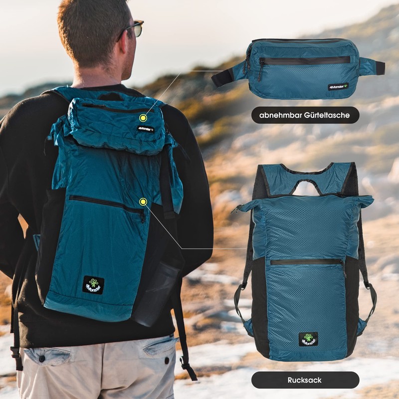 4Monster Foldable Backpack, Ultra Light, Unisex Daypack, Outdoor, 2-in-1 Belt