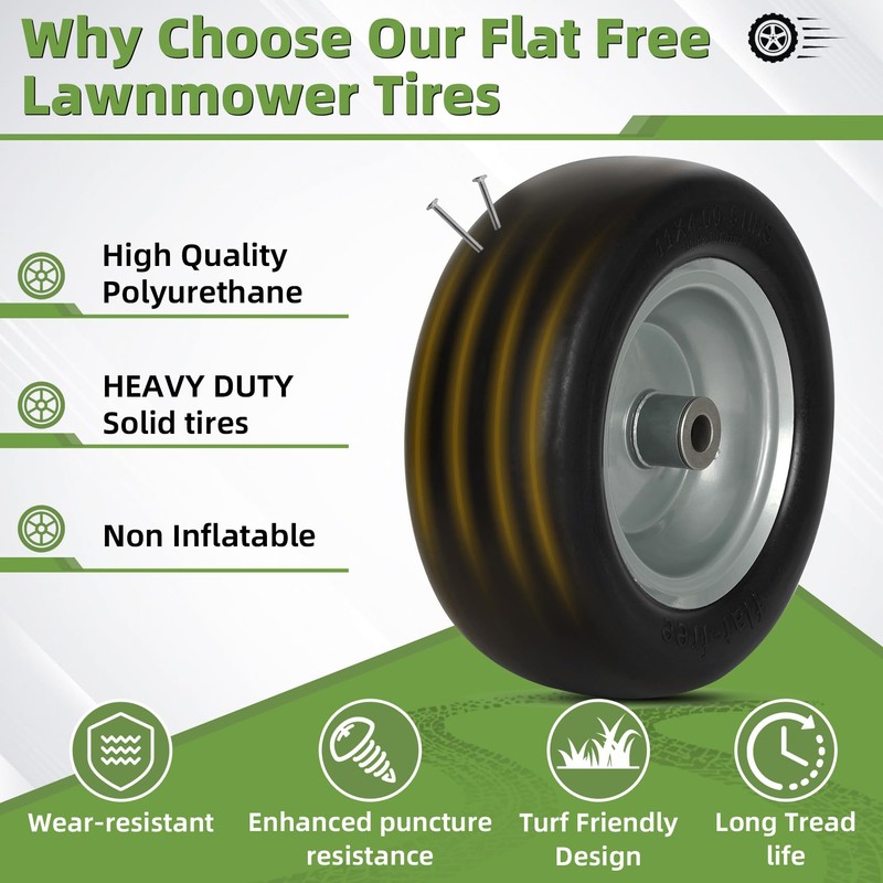 2 PCS 11x4.00-5" Lawn Mower Tires Flat Free,3/4" 5/8" 1/2"