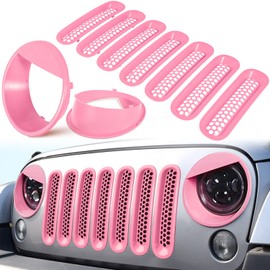 Front Grille Mesh Inserts & Headlight Cover for Jeep Wrangler JK JKU Sport Freedom Rubicon Sahara Unlimited 2007-2018 Exterior Accessories Clip-in Grille Guard Headlight Bezels Trim (Matte Pink)