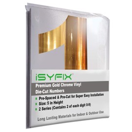 iSYFIX Gold Chrome Vinyl Numbers Stickers - 5 Inch Self Adhesive - 2 Sets - Decal Die Cut and Pre-Spaced, Mailbox, Signs, Window, Door, Cars, Trucks, Home, Business, Address Number, Indoor & Outdoor
