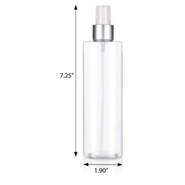 Clear 8 oz / 250 ml Professional Cylinder PET Plastic Bottles (BPA Free) with Silver Fine Mist Sprayer (6 Pack)