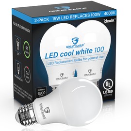 Great Eagle A19 LED Light Bulbs 100 Watt Equivalent - UL Listed - Cool White 4000K Light Bulbs, 15W Non-Dimmable, 1500 Lumens (2 Pack)