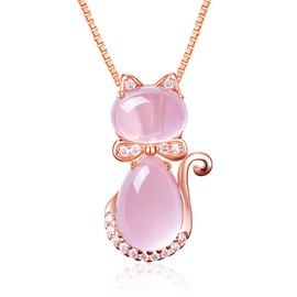 ALOHAMONI Pink Opal Necklace Cat Rabbit Design Cubic Zirconia CZ Diamond Pink Gold Chain Silver 925 Pink Opal Length 45cm