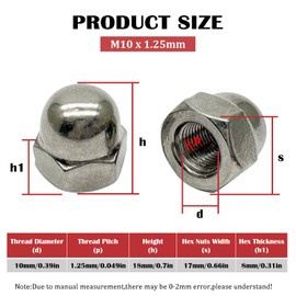 M10 x 1.25mm Acorn Cap Nuts,304 Stainless Steel Fine Thread Acorn Dome Head Hex Nuts,Rust-Resistant Fasteners(5Pcs)