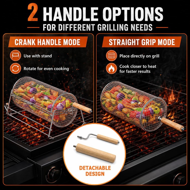 2-in-1 Rolling Grill Basket 304 Stainless Steel Rotatable with Dual