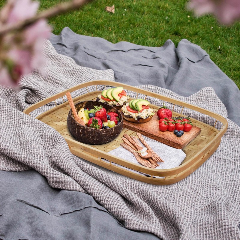 PEMAR L-Sized Set of 2 Large Bamboo Wicker Serving Trays