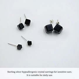 Hmzidz 3 Pairs Black Cube Crystal Earrings for Women Men,925 Sterling Sliver Stud Earrings Set,Fashion Post Earrings,Hypoallergenic Button Earrings for Girlfriend