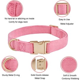 Petiry Soft Corduroy Fibric Dog Collar with High Grade Metal Buckle, for Large Dogs.(Pink,Large:17-26")