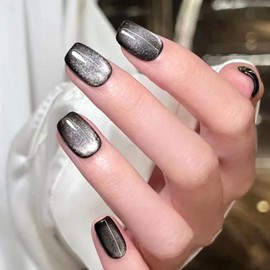 Nail Tips, Set of 24 False Nails, Short, Glitter, Gradient, Cat's Eye, 3D Glossy Nails, Finger Parts, Double Sided Tape, 48 Sticks, File, Alcohol Pad Included, Magnet, Black