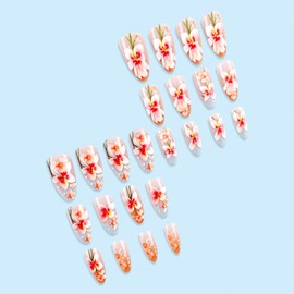 Press on Nails Medium Almond Fake Nails with Flower Designs Glue on Nails Gradient False Nails Acrylic Glossy Light Pink Nails Press ons Cute Artificial Stick on Nails for Girls Women 24Pcs