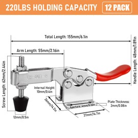 12 Pack 201B Toggle Clamps, Hold Down Clamp 220Lbs Holding Capacity Quick Release Horizontal Clamps with Rubber Pressure Tip for Woodworking Jigs and Fixtures, Welding, Drill Press, Crosscut Sled
