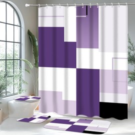 KINUUIS 4 Pcs Purple Geometric Bathroom Shower Curtain Sets with with Toilet Lid Cover and Non-Slip Rugs, Purple Modern Abstract Bathroom Decor Sets with Shower Curtain and Rugs for Bathroom