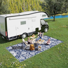 CHARMMA Reversible Outdoor Rug Carpet, 9"x 18"Waterproof Plastic Straw Rug, Portable RV Camping Rugs with Carry Bag, Large Floor Mat for Backyard, Deck, Picnic, Beach, Blue & White Floral