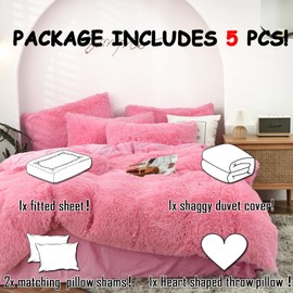 MorroMorn Luxury Shag Fluffy Comforter Cover Set, Shaggy Faux Fur Duvet Cover Sets - 5 Pcs Plush Quilt Cover Pillowcases Velvet Fitted Sheets, Fuzzy Pink Bed Set for King Size Bed Pink