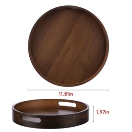 Round Trays Home Decor, 11.8" Large Round Wood Tray for Ottoman Coffee Table Trays, Wooden Kitchen Serving Decorative Trays for Home Office Counter Serveware Organizer, Walnut