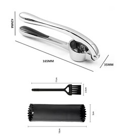 STP GOODS Garlic Press with Silicone Brush and Peeler Nutcracker 6.61x1.77x1.38"" Ginger Presser for Peanuts Seeds, Silver