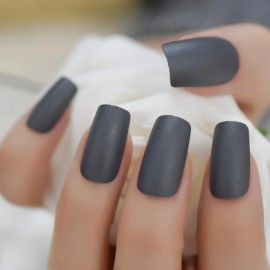 Sure Things 24 Matte Dark Gray Press on Nails kit glue on grey medium square witchy goth