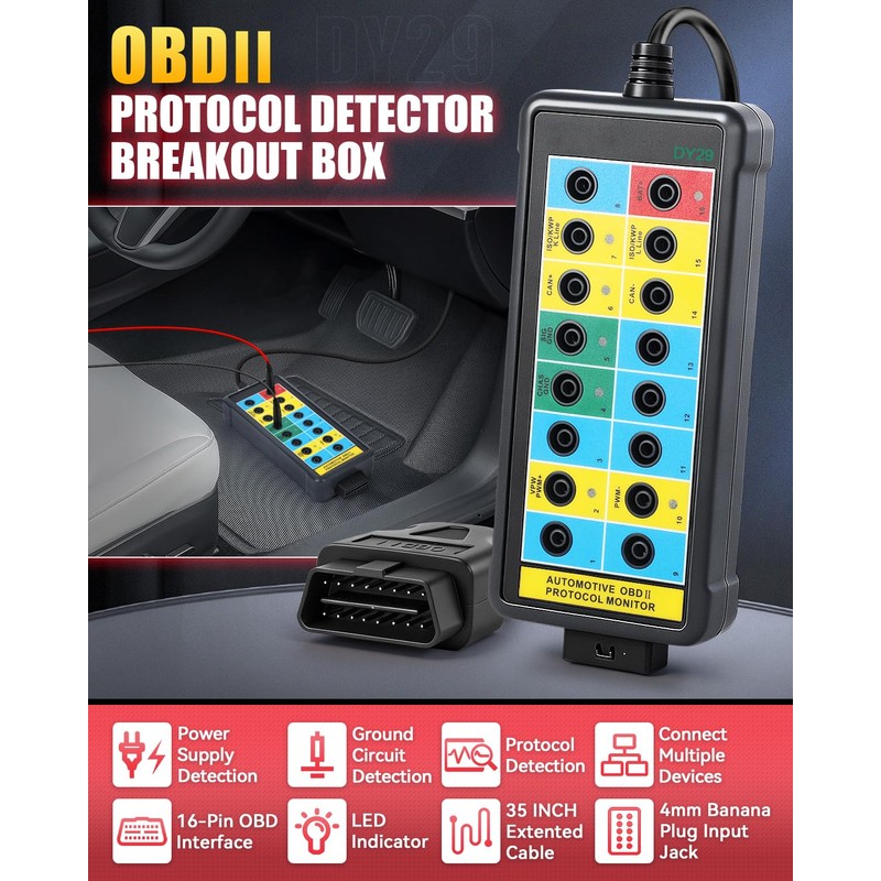 OBD2 Breakout Box, Multi-Protocol Line Detection Supported, Professional 16-Pin OBDII