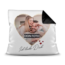 PR Print Royal Photo Cushion with Filling with Saying "Ich Liebe Dich - zum SelbstGestalten with Desired Photo in the Heart for Your Partner, the Partner" Colour Cushion Back, Black, 40 x 40 cm