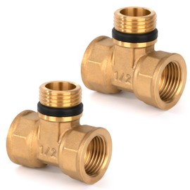 Brass T-piece, 2 pieces 1/2 inch female x male thread x female thread, 90° thread fitting with rubber, metalwork brass pipe T-fitting for water, air, sanitary, drinking water