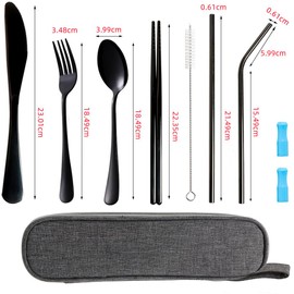 Juego de Cubiertos Portátiles de Acero Inoxidable: Utensilios de Viaje Reutilizables con Estuche con Tenedor/Cucharas/Cuchillo/Palillos para Acampar, lonchera y Picnic (Negro)