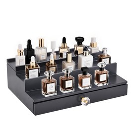 Jenmayt Black Wooden Cologne Organizer,3 Tier Mens Perfume Stand with Drawer,Perfume Organization and Storage Display Riser,Fragrance Organizer Display Stand Rack for Men