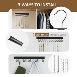 ZEDODIER 2 Pack Necklace Organizer Wall Mount, Wooden Self-Adhesive Jewelry Hanger with 24 Adjustable Hooks, Hanging Holder for Necklace, Belts, Tank Tops, Bras, Black