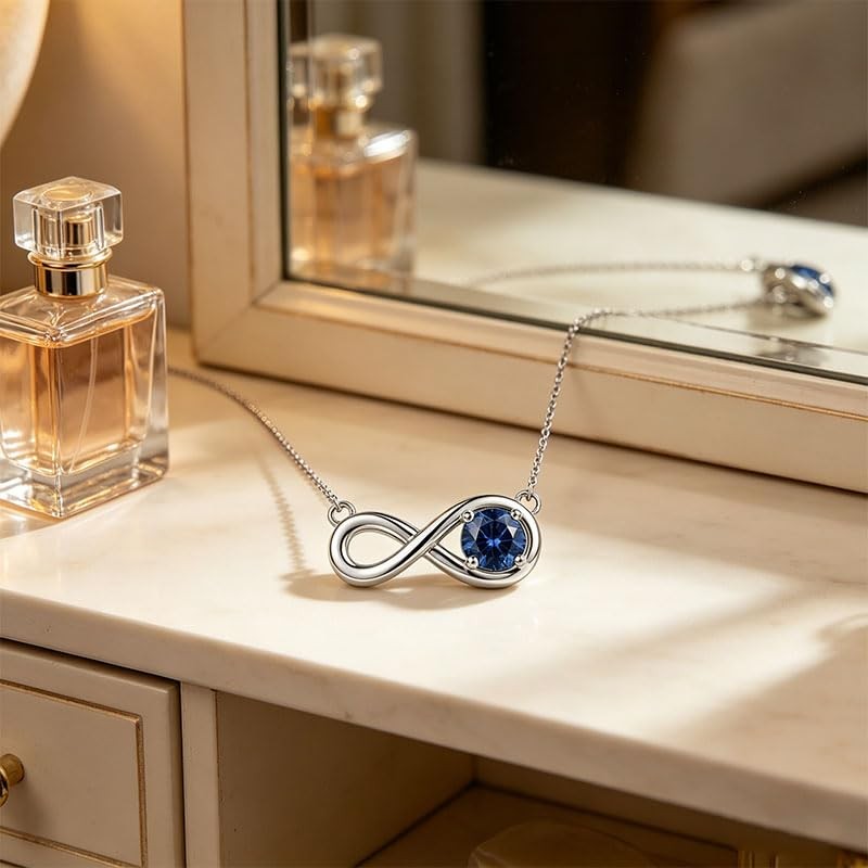 Molioaki 925 Sterling Silver Infinity Necklace for Women, Round Blue