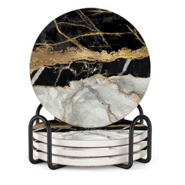 ATEDEANEI Black Marble Drink Coasters with Holder, Ceramic Absorbent Coaster Sets of 4,Non-Slip Cork Base,Housewarming Gifts