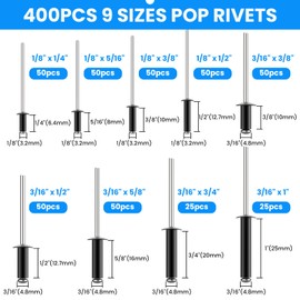 SDTC Tech 400pcs Black Pop Rivets Assortment Kit, 9 Sizes Aluminum Rivets (1/8" 3/16"), Assorted Blind Rivets for Metal, Furniture, Automotive, Instruments