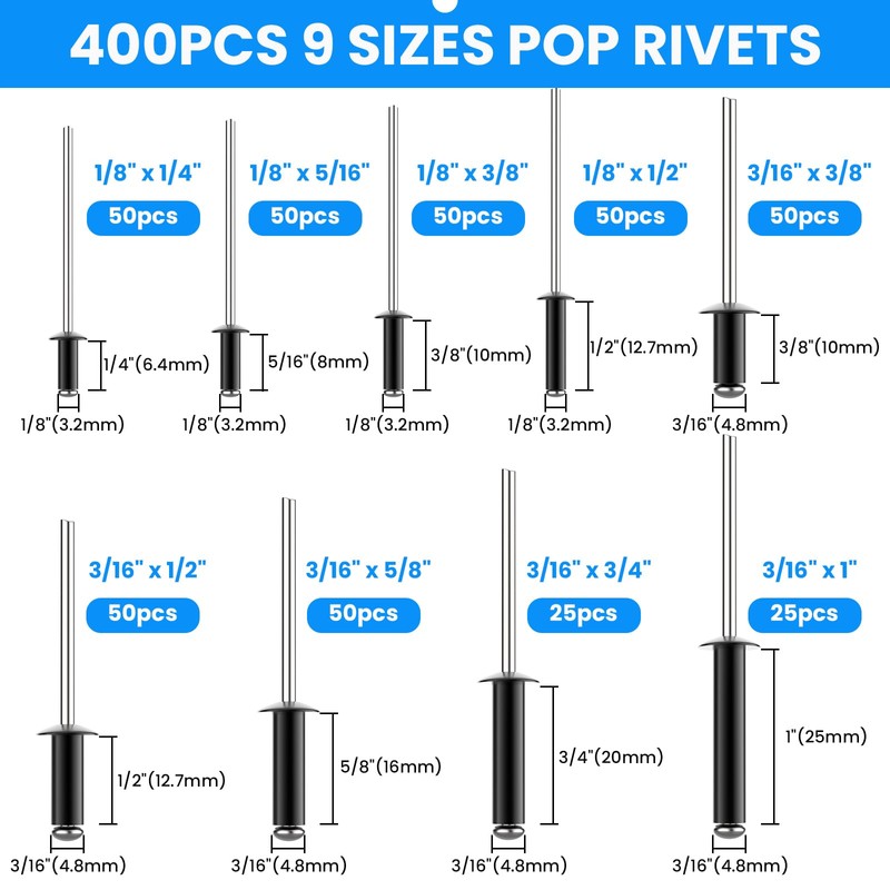 SDTC Tech 400pcs Black Pop Rivets Assortment Kit, 9 Sizes