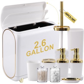 XLHOMO Bathroom Accessories Set, 10 Pieces White and Gold Bathroom Set, Bathroom Accessory Set with Slim Trash Can,Soap Dispenser,Toilet Brush,Toothbrush Set, Qtip Holders for Housewarming