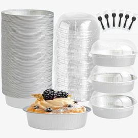 Mini sartenes para pasteles con tapas y cucharas, latas para hornear para postres pequeños redondos de 7 onzas, moldes desechables para hornear ramekins, recipientes individuales para tartas para