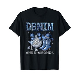 Western Cowgirl Boots Hat Blue Bow Denim and Diamonds Disco T-Shirt