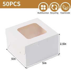 fwipiyo 50pcs 5x5x2.5 Inches Cookie Boxes,White Bakery Boxes with Window,Small Treat Boxes,Mini Cake Boxes,for Pastry,Dessert,Cookies,Muffins,Donuts,Chocolate Covered Strawberries (5 * 5 * 2.5inch)