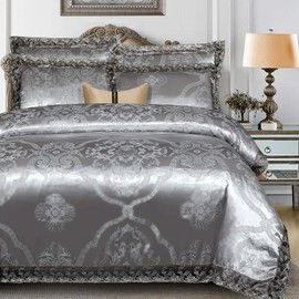 Beyeutao Jacquard Duvet Cover King Size Duvet Cover Gray Elegant Bedding Set Lace Satin Duvet Set 3 Piece Duvet Cover Pillowcases.(Gray, King)