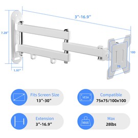 Suptek Full Motion TV Wall Mount Bracket for Most 13-30 inch TVs and Monitors, Flat and Curved TVs up to 28lbs, Tilt Swivel and 16.9 inch Extension, Max VESA 100x100mm, White, MA2776W