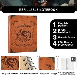DUROTAN DND Journal D&D Notebook Embossed 400 Pages A5 Refillable Leather Notebook for Dungeons & Dragons Accessories D&D Gifts for DM's & Players Men & Women