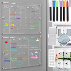 Magnetic Acrylic Calendar for Fridge, 2 Pcs Clear Acrylic Calendar Dry Erase Reusable Planning Boards of Monthly & Weekly, Includes 6 Colors Highlight Markers/Magnetic Pen Holder/Towel/Hook (16x12in)