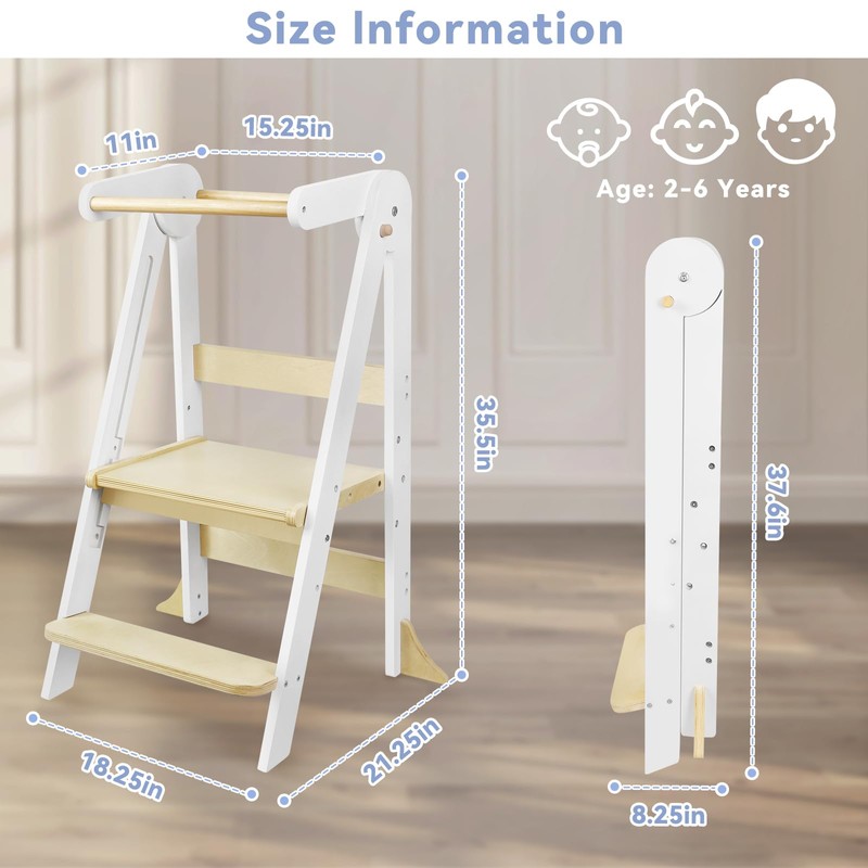 Foldable Toddler Kitchen Tower with Safety Rail, 3-Level Height Adjustable