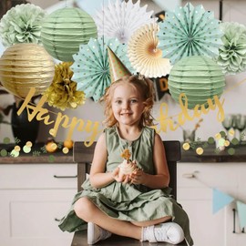 Sage Green and Gold Birthday Party Decoration Green Paper Fans Paper Lanterns Sage Green Gold Scatter Confetti Table Decoration for Girls Women Birthday Sage Green Birthday Party Decorations