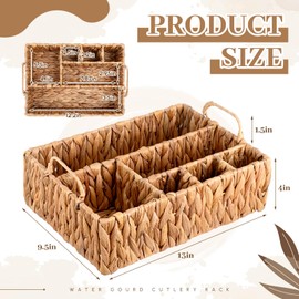 LemonRoad Wicker Utensil Holder for Party Silverware Caddy 6 Compartments with Handles Water Hyacinth Versatile Boho Divided Flatware Storage Basket Organizer for Kitchen Countertop Picnic