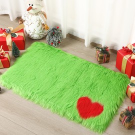 HunnmingRe Lime Green Furry Christmas Mat with Red Heart Pattern Green Rugs for Bedroom Living Room Decor, Washable Soft Fuzzy Rug, 16.9 x 28.7 Inch
