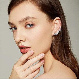 CZ Feather Crystal Cuffs Ear Crawler Climber Earrings for Women Girls 925 Sterling Silver Post Pin Dainty Statement Wing Vine Wrap Sweep up Shiny Birthday Wedding Jewelry Gift Bridal
