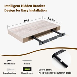 Acovy 16 Inch Floating Shelves, 3D Textured Wood Grain, 16"x9.25"x1.5" Inch Deep Floating Shelves for Wall, Wooden Floating Shelves for Bathroom, Bedroom, Living Room, Washed White