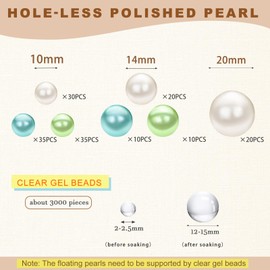 U-LIAN Green Floating Beads for Centerpieces, Vase Fillers, 160PCS No Hole Faux Pearls & 3000PCS Water Beads, 10/14/20mm