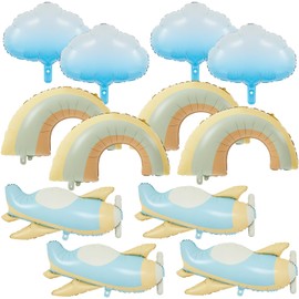 Charnoel 12 Pcs Airplane Balloons White Cloud Rainbow Foil Balloons for Sky Theme Party Baby Shower Birthday Wedding Summer Decorations