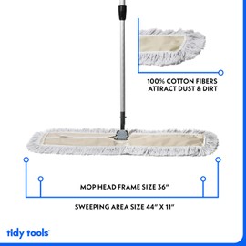 Tidy Tools Commercial Dust Mop – 36 Inch Floor Sweeper for Hardwood, Reusable Cotton Mop Head, Extendable Handle, Dry Mop for Floor Cleaning & Janitorial Supplies