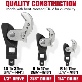 CROM Adjustable Crowfoot Wrench Set - Spring Loaded Wrench – Male & Female Square Drives Work With Ratchet, Breaker Bar, Extension Bar (3 Piece Set (1/4", 3/8", 1/2"))